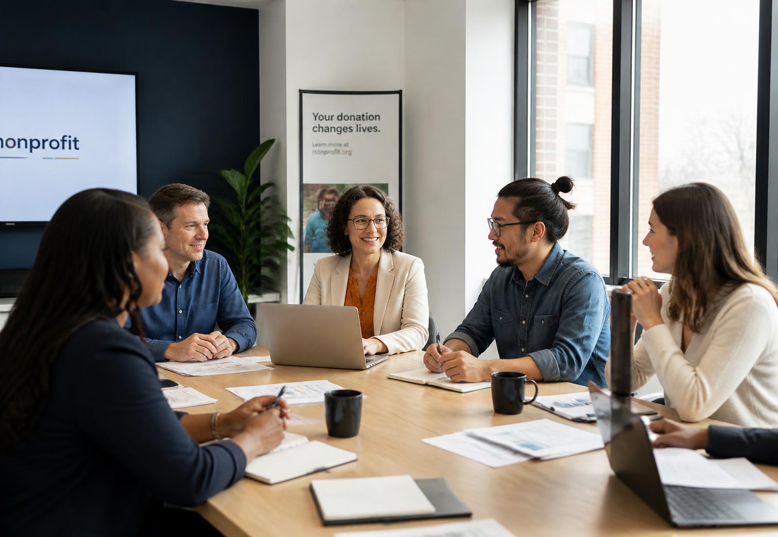Nonprofit leadership team meeting in a modern office